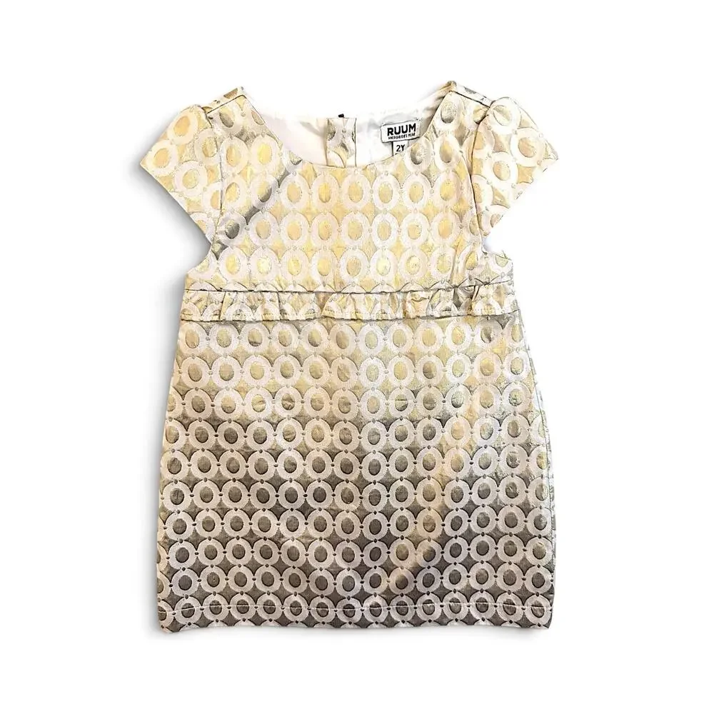 RUUM Girls Gold Metallic Jacquard Party Dress | Size 2Y